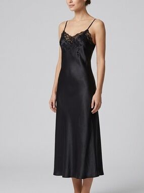 Oscar de la Renta Pink Label Black Satin Lace Maxi Slip Dress Nightgown S Vtg